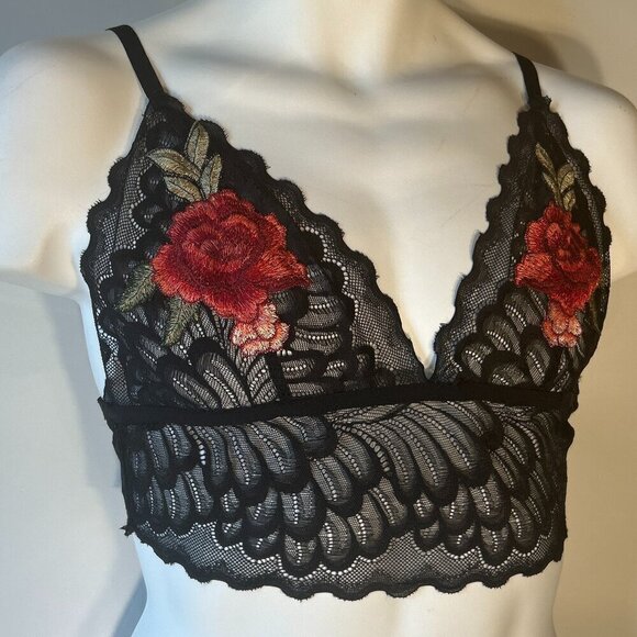 Source Unknown Other - Bralette SZL Red Roses Black Stretch lace Romantic Feminine Pin Up Sexy Embroide